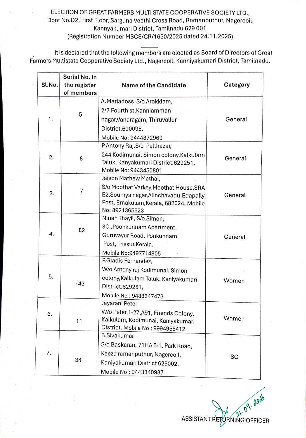 Signed declaration by the Assistant Returning Officer listing the seven elected Board of Directors of Great Farmers Multi State Cooperative Society Ltd., Nagercoil